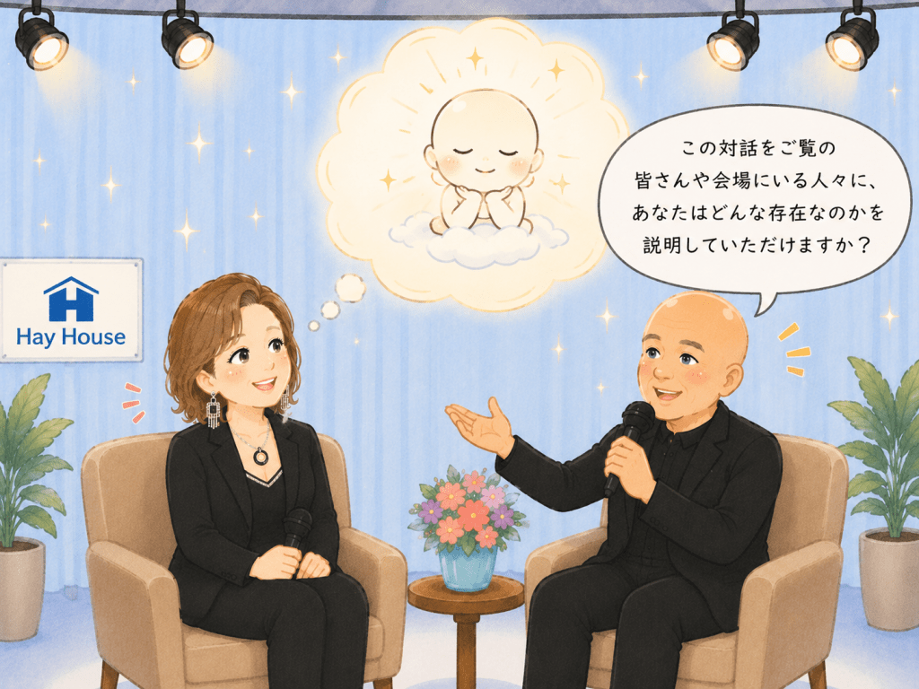  alt="ウエイン・W・ダイアー博士が「エイブラハムとはどのような存在なのか」を問いかけ、エスター・ヒックスの上部にエイブラハムが描かれた可愛いイラスト"