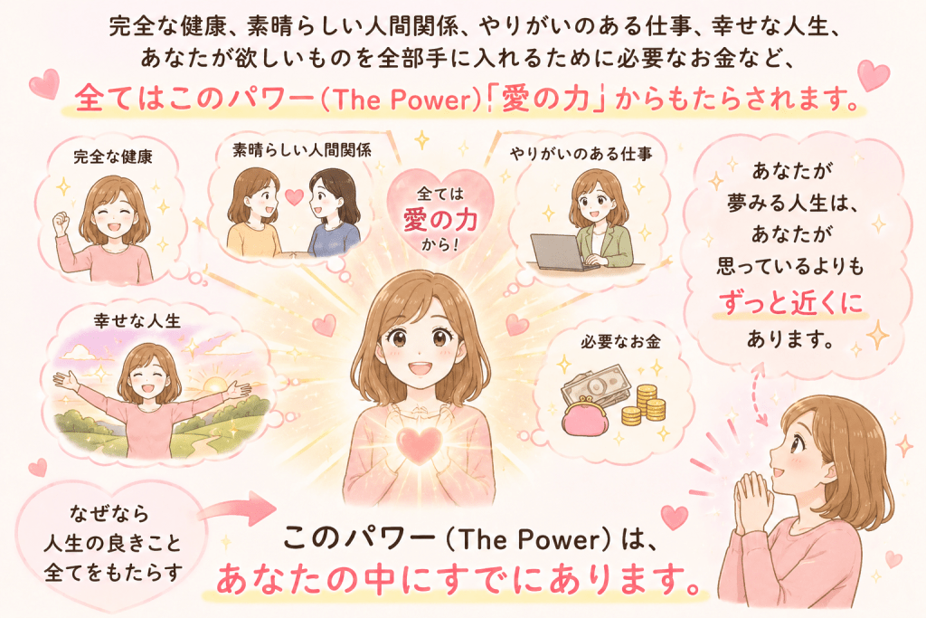 alt="完全な健康や素晴らしい人間関係、やりがいのある仕事、幸せな人生、お金など人生の良きものは愛の力からもたらされ、そのパワーは自分の中にすでにあることを説明するシンプルで可愛いイラスト"