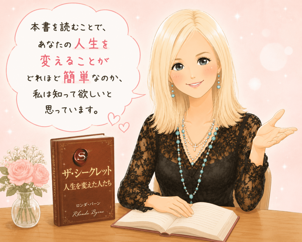 alt="『ザ・シークレット 人生を変えた人たち』の著者ロンダ・バーンが、「本書を読むことで、あなたの人生を変えることがどれほど簡単なのか知ってほしい」と読者へ語りかけるストーリーイラスト"