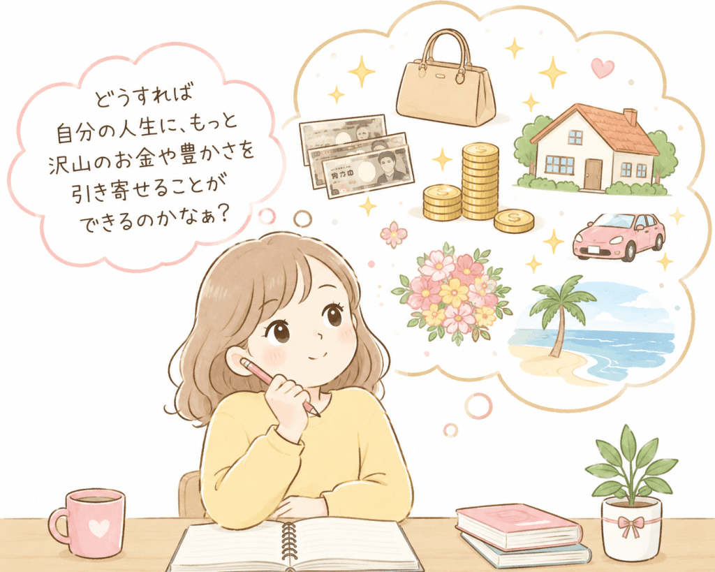 alt="お金や豊かさを引き寄せる方法について考え、理想の豊かな人生をイメージしている女性のイラスト"