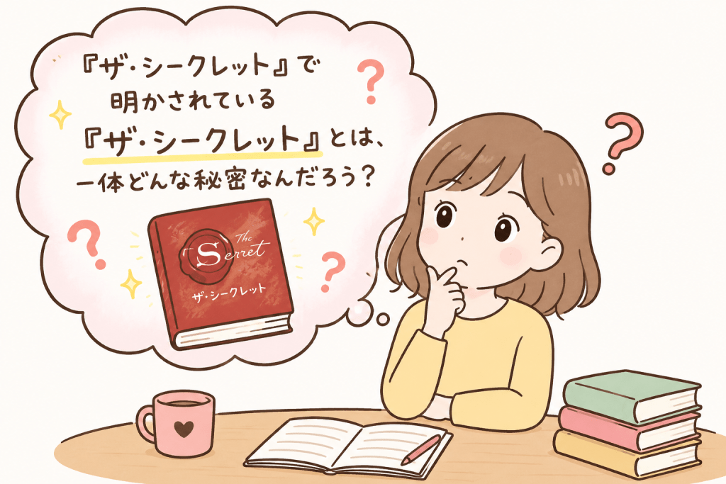 alt="『ザ・シークレット』で明かされている秘密とは何だろうと、本を思い浮かべながら考え込む女性のシンプルで可愛いイラスト"