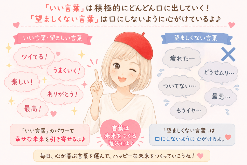alt="「ツイてる!」「ありがとう!」などの前向きな言葉は積極的に口にし、「疲れた…」「どうせムリ…」などの望ましくない言葉はできるだけ口にしないことの大切さを、キャメレオン竹田さんをモチーフにしたイラストでシンプルに説明している"