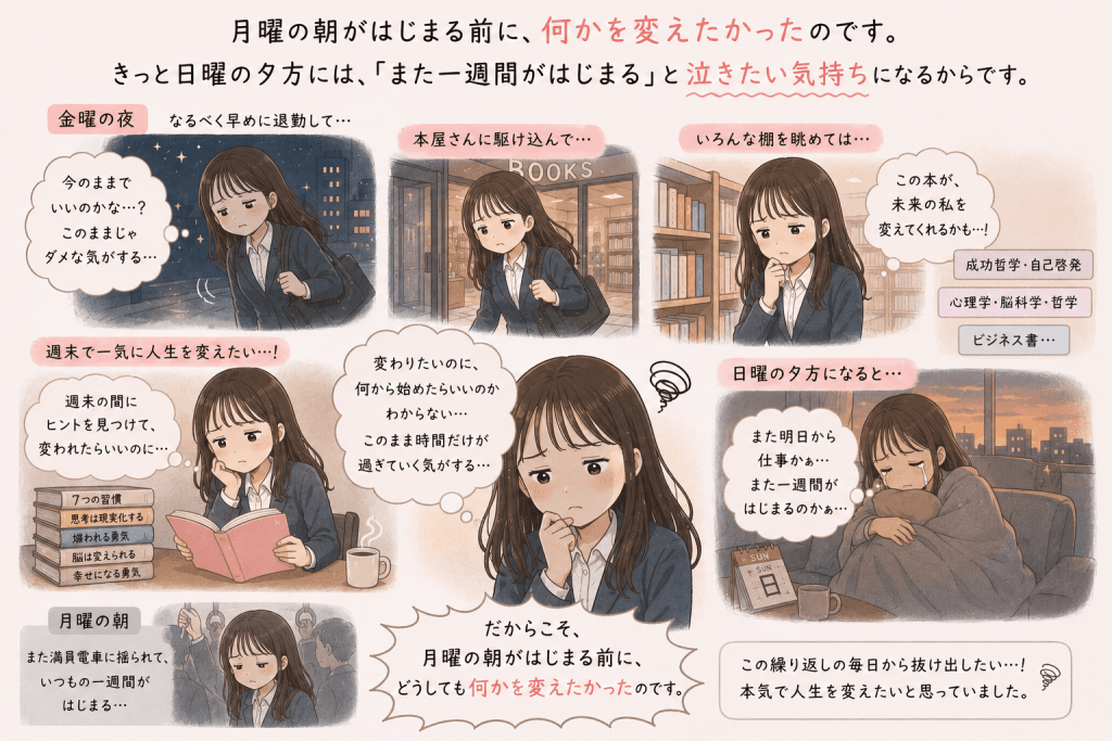 alt="月曜から始まる仕事への不安と焦りから、週末のうちに人生を変えたいと本屋で人生を変えてくれそうな本を探す会社員時代のSayaka.さんのイラスト"