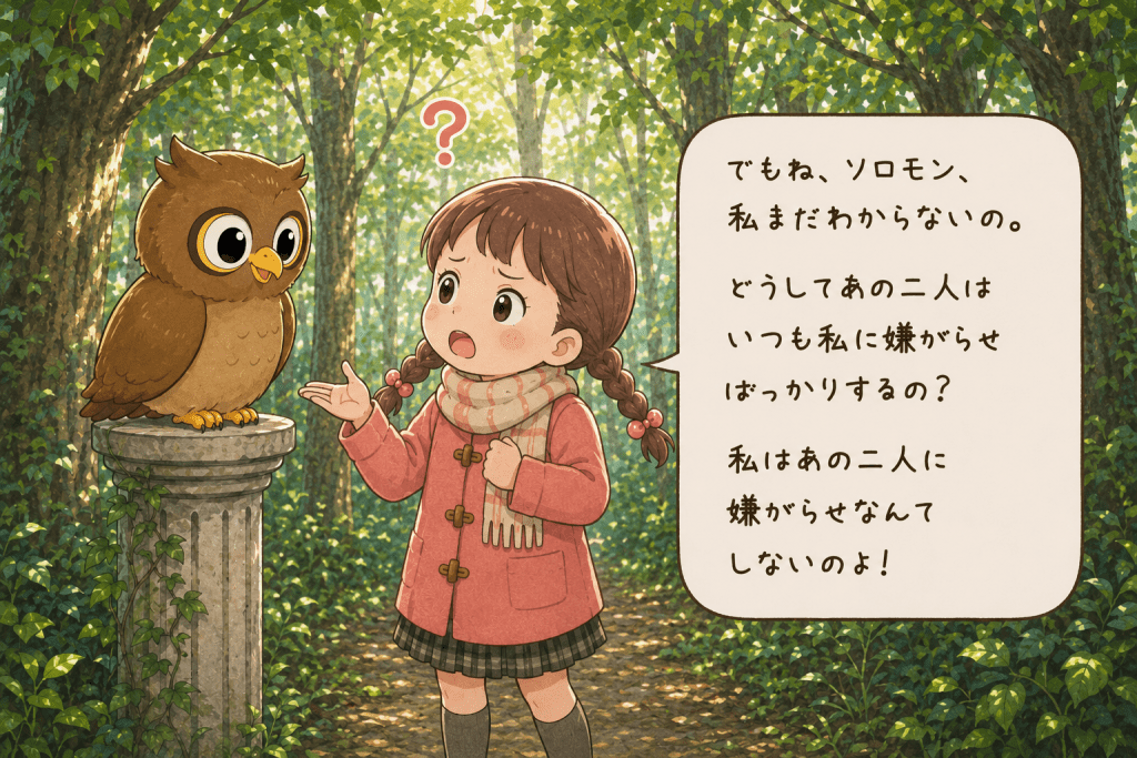 alt="林の中でサラがフクロウのソロモンに、なぜジェイソンとビリーは自分に嫌がらせをするのか疑問を感じながら質問するイラスト"