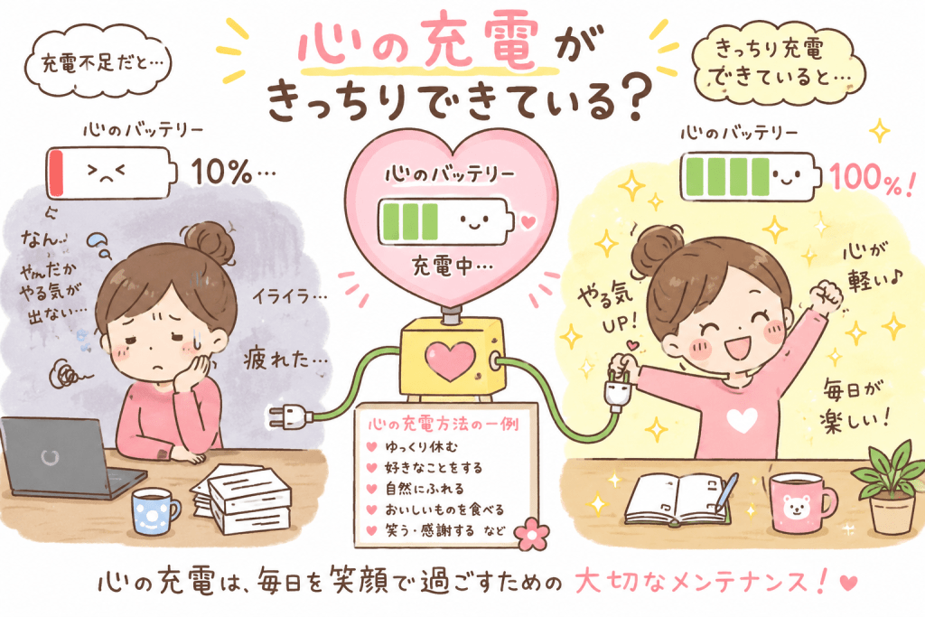 alt="心の充電が足りない状態と、心が十分に満たされた状態をスマホのバッテリーに例えて比較し、心の充電の大切さをユーモアたっぷりに伝えるシンプルで可愛いイラスト"