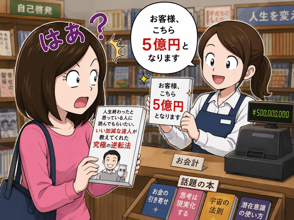 alt="本屋で『人生終わったと思っている人に読んでもらいたい究極の逆転法』を購入しようとした女性が、店員から5億円と言われ驚いているイラスト"