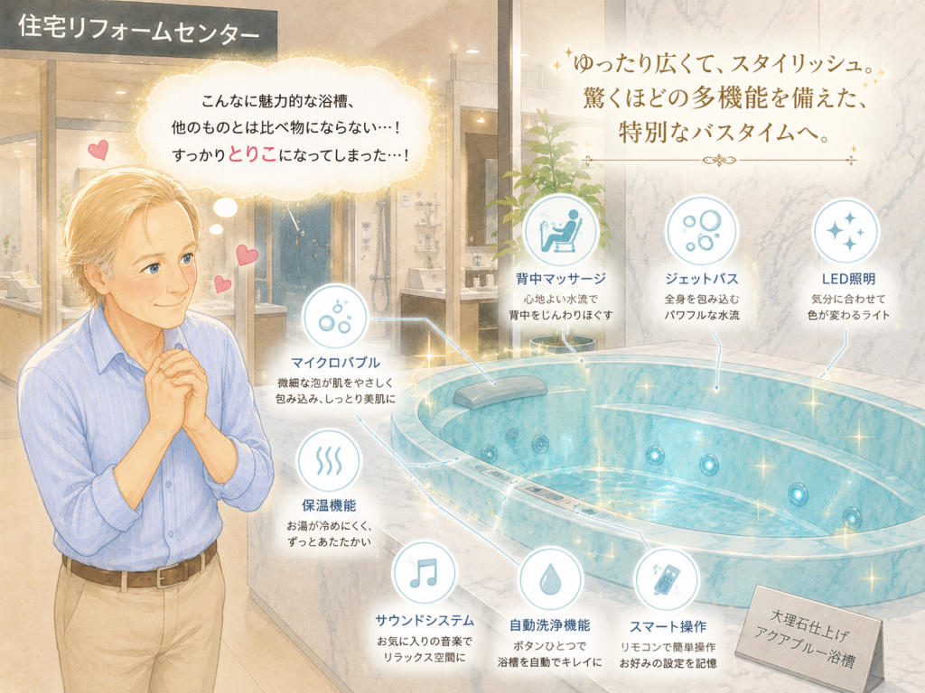 alt="大理石仕上げのアクアブルー浴槽の多彩な機能に魅了され、すっかり夢中になるアラン・コーエンさんのイラスト"