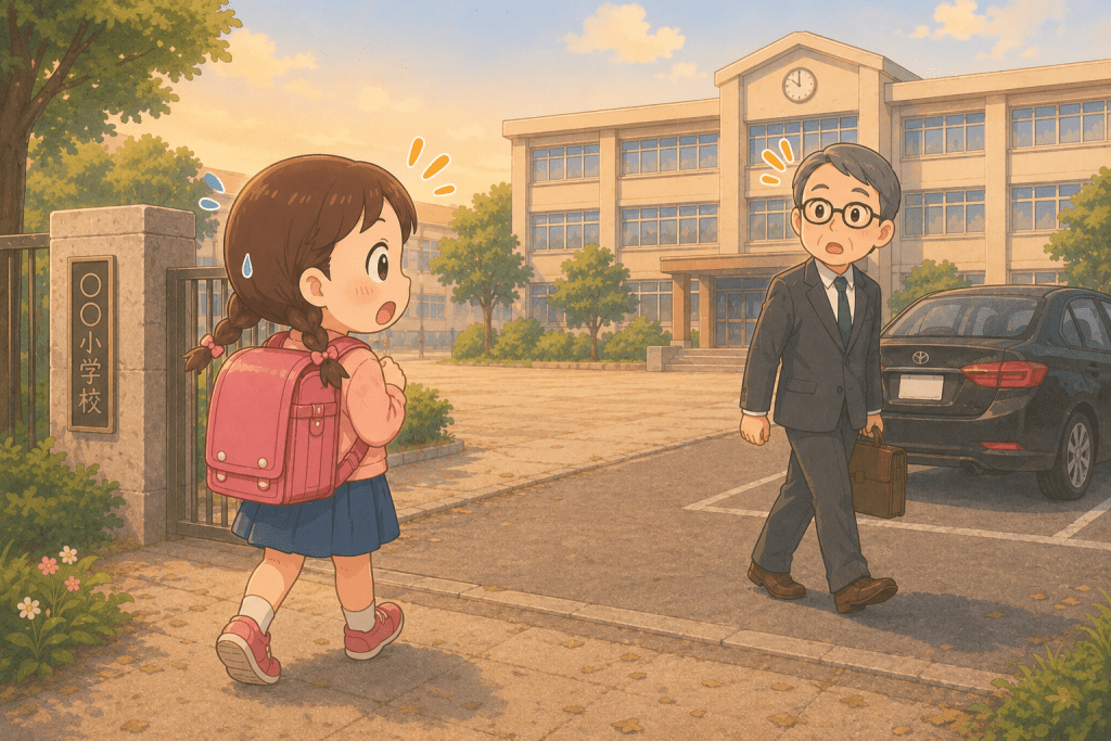 alt="学校の校舎から駐車場へ向かう途中で登校してきた女の子に気づき驚く男性と、見つかってしまい驚いた表情を見せるランドセル姿の女の子のイラスト"