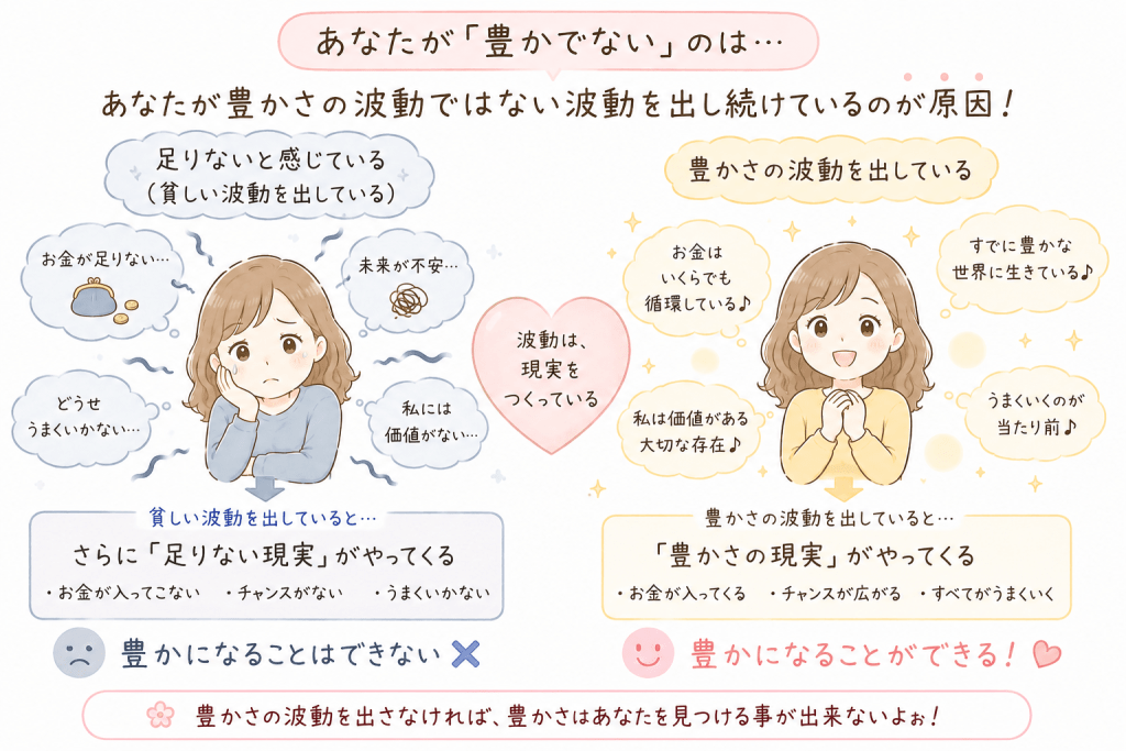 alt="「足りない」と感じる貧しさの波動では豊かさを引き寄せられず、豊かさの波動を出すことの大切さを分かりやすく伝えたシンプルで可愛いイラスト"