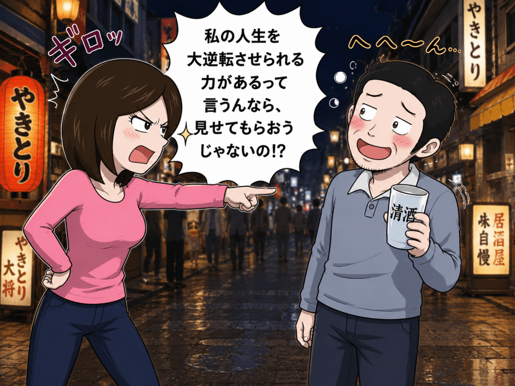alt="夜の商店街で、ワンカップを持つ酔っ払いの達人に人生を大逆転させる力を見せてと詰め寄る女性のイラスト"