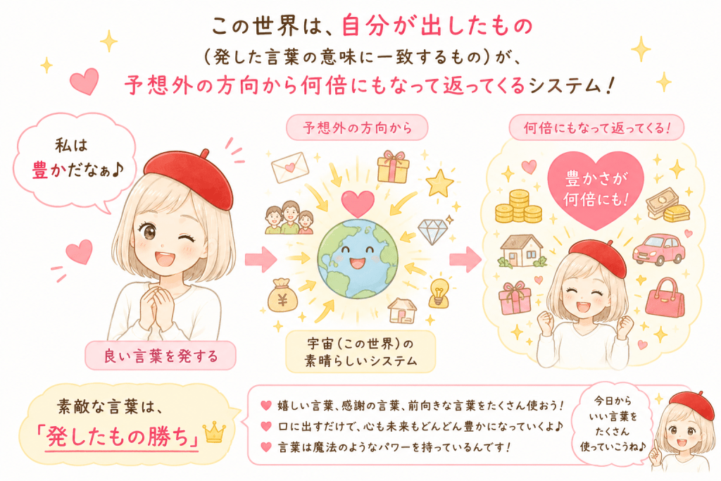 alt="良い言葉は何倍にもなって自分に返ってくることを説明したイラスト。『私は豊かだなぁ♪』という前向きな言葉を発すると、その言葉に一致する豊かさや幸せ、チャンスが予想外の形で何倍にもなって返ってくるという考え方を、シンプルで可愛く表現している"