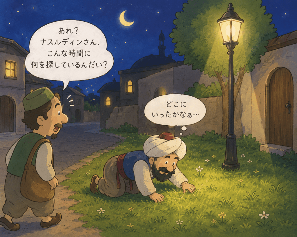 alt="夜の街灯の下で落とし物を探すナスルディンを、不思議そうに見つめながら「こんな時間に何を探しているんだい？」と声をかける隣人のイラスト"