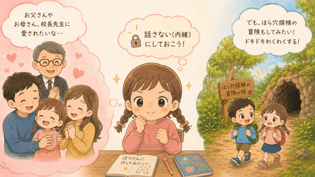 alt="両親や校長先生に愛されたい気持ちを抱きながらも、ほら穴探検への冒険心を優先し、冒険に行くことは内緒にしておこうと決意する女の子のイラスト"
