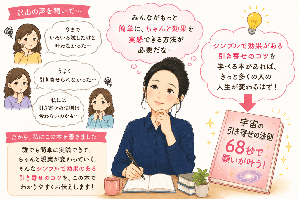 alt="スピリチュアルakikoさんが、多くの人の「引き寄せがうまくいかない」という悩みをきっかけに、シンプルで効果的な実践法をまとめた『宇宙の引き寄せの法則 68秒で願いが叶う！』を執筆した理由を表現したイラスト"