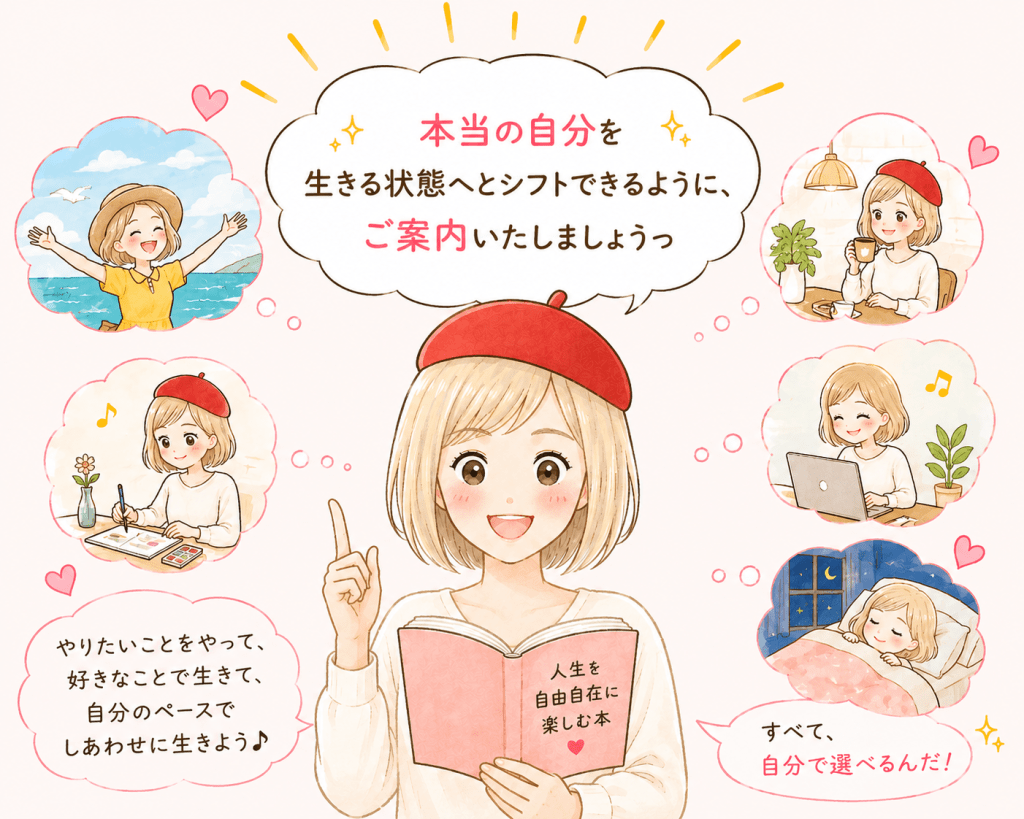 alt="本書『人生を自由自在に楽しむ本』を通して、本当の自分を生きる生き方や、自分らしく自由に人生を楽しむ考え方を紹介しているシンプルで可愛いイラスト"