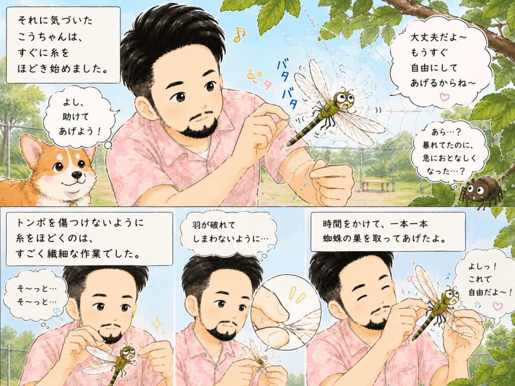 alt="蜘蛛の巣に絡まったトンボを助けるため、こうちゃんが羽を傷つけないよう一本一本糸をほどき、暴れていたトンボが不思議とおとなしくなっていく様子を描いた可愛いイラスト"