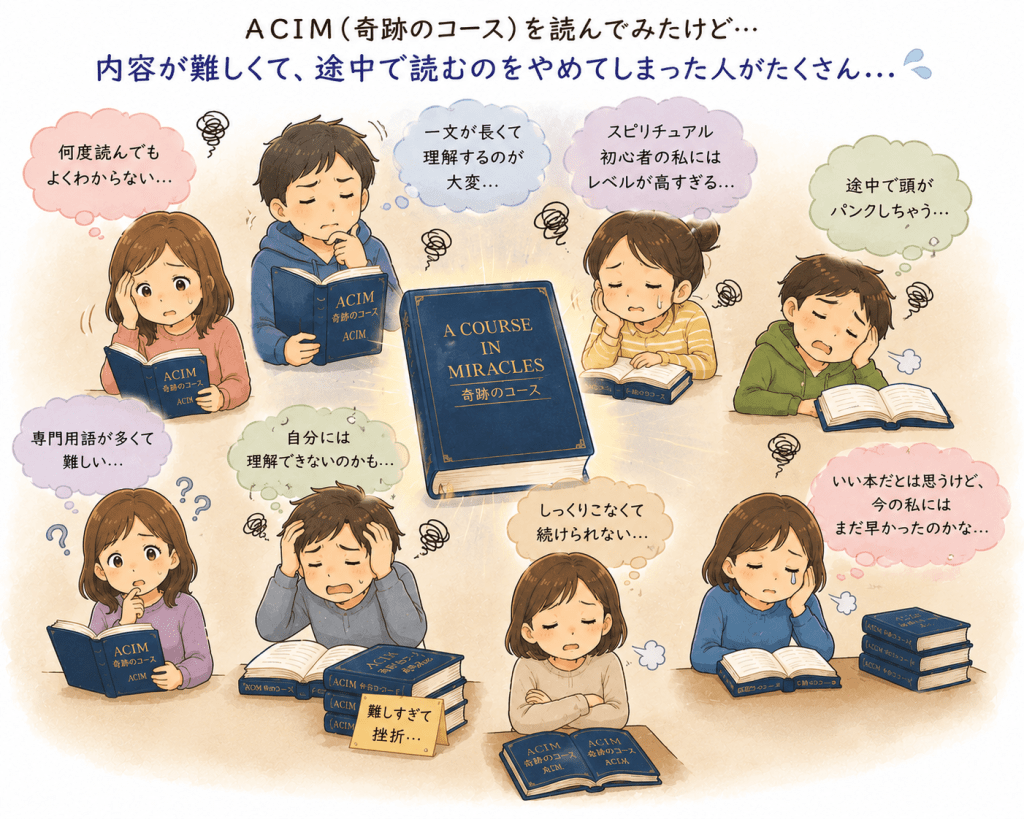 alt="ACIM（奇跡のコース）を読み始めたものの、「内容が難しい」「理解できない」と感じて途中で読むのをやめてしまう人が多いことを分かりやすく表現したイラスト"