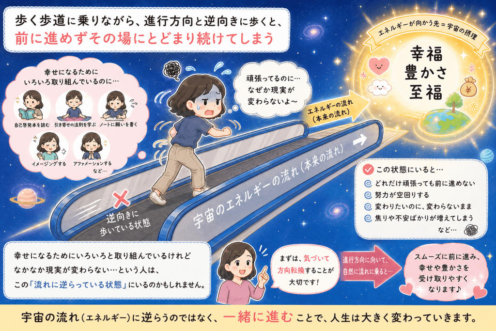alt="宇宙のエネルギーの流れと逆向きに歩くことで前に進めず、幸せになるために努力しても現実が変わらない状態を動く歩道で表現したイラスト"