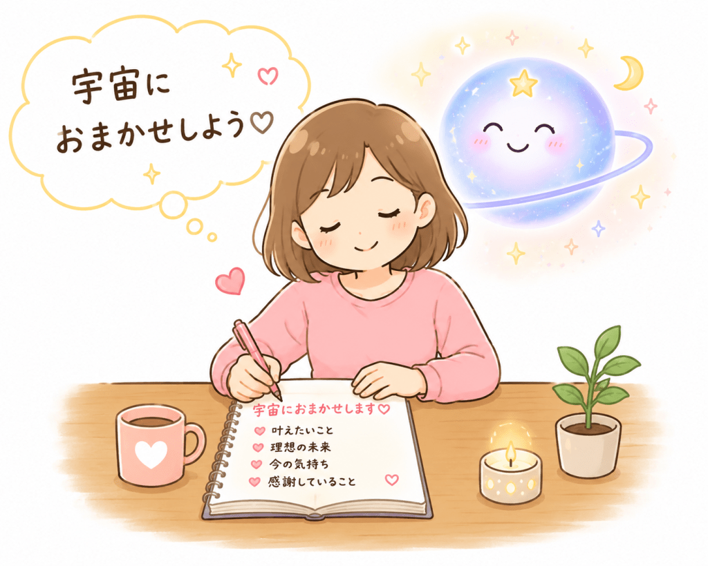 alt="「宇宙におまかせしよう」と思いながら、願いや理想の未来をノートに書き込む女性を描いたシンプルで可愛いイラスト。宇宙を信頼して手放す気持ちを表現している。"