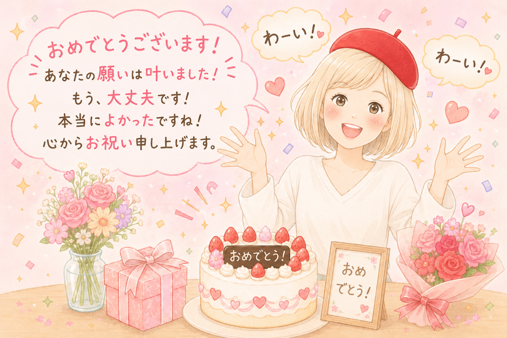 alt="竹田さんが「あなたの願いは叶いました!」と読者を笑顔で祝福し、前祝いを楽しんでいる可愛いイラスト"