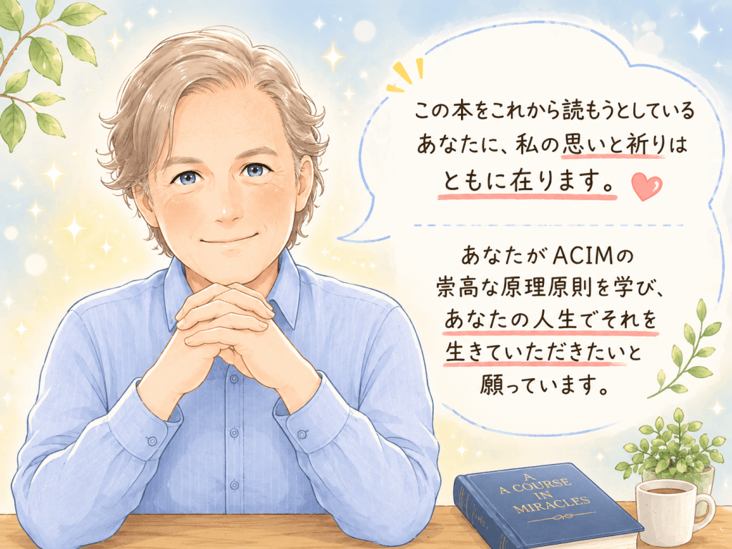 alt="ACIM（奇跡のコース）をこれから読む読者へ、「私の思いと祈りはともにあります。あなたがACIMの崇高な原理原則を学び、人生で実践してくださることを願っています」というメッセージを温かく語りかける著者のイラスト"