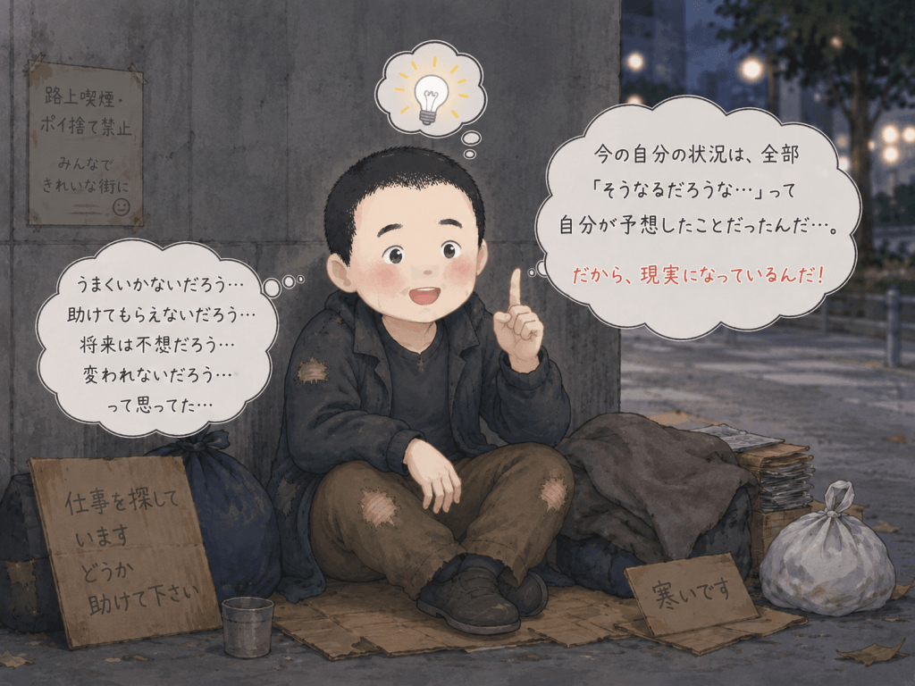 alt="苦しい状況の中で、今の現実は自分が「うまくいかない」「将来も変われない」と予想していたことが現実になったのだと気づく男性のイラスト"