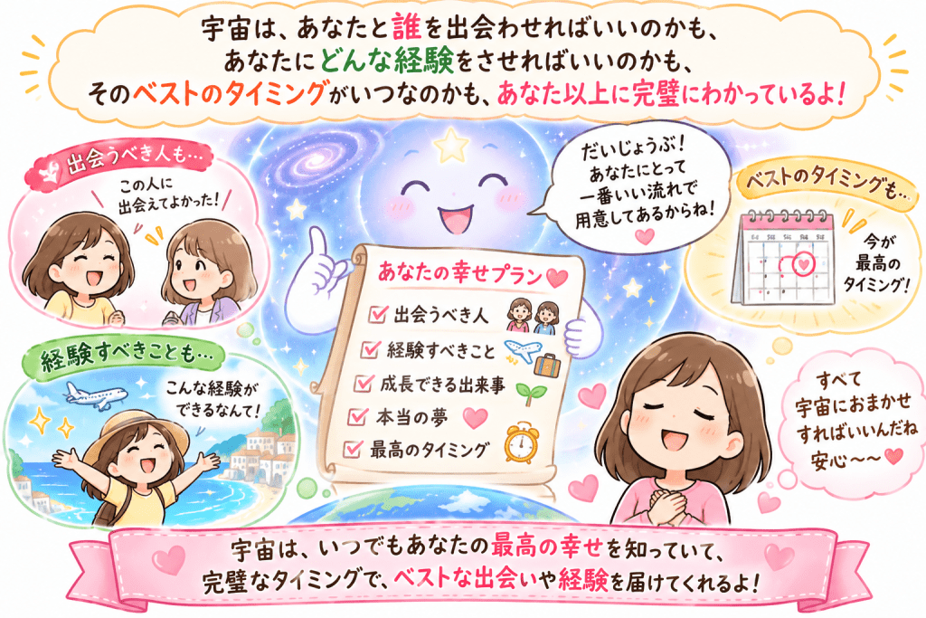 alt="宇宙は、あなたにとって最適な出会い・経験・成長の機会、そして最高のタイミングをすべて把握し、最善の流れへ導いてくれることを、可愛くわかりやすく表現したイラスト"