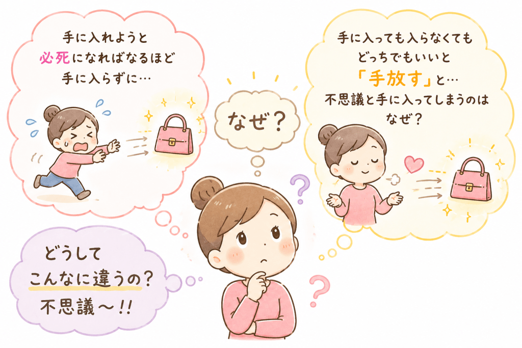 alt="必死に手に入れようとすると手に入らず、執着を手放すと不思議と手に入るのはなぜかと疑問を持つ人物のイラスト"