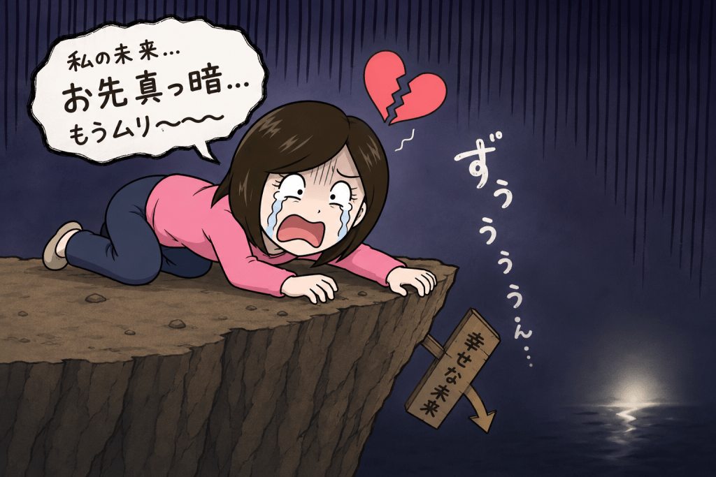 alt="失恋してお先真っ暗だと感じ、崖の上で泣きながら絶望する女性のコミカルなイラスト"