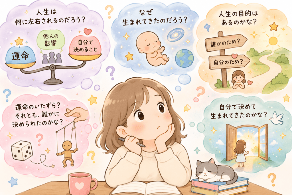 alt="人生は何に左右されるのか、生まれてきた理由や運命、人生の目的についてさまざまな疑問を思い浮かべながら考えている女性のイラスト"