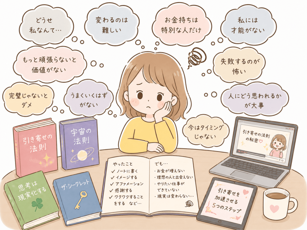 alt="引き寄せの法則を学び実践しているものの、「私には才能がない」「変わるのは難しい」「失敗するのが怖い」など、たくさんの隠れた思い込みを抱えて悩む女性のシンプルで可愛いイラスト"