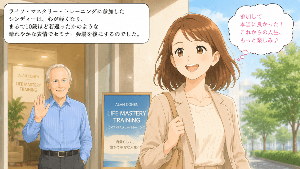 alt="ライフ・マスタリー・トレーニングで心が軽くなり、自分らしさと希望を取り戻したシンディが笑顔で会場を後にする様子"