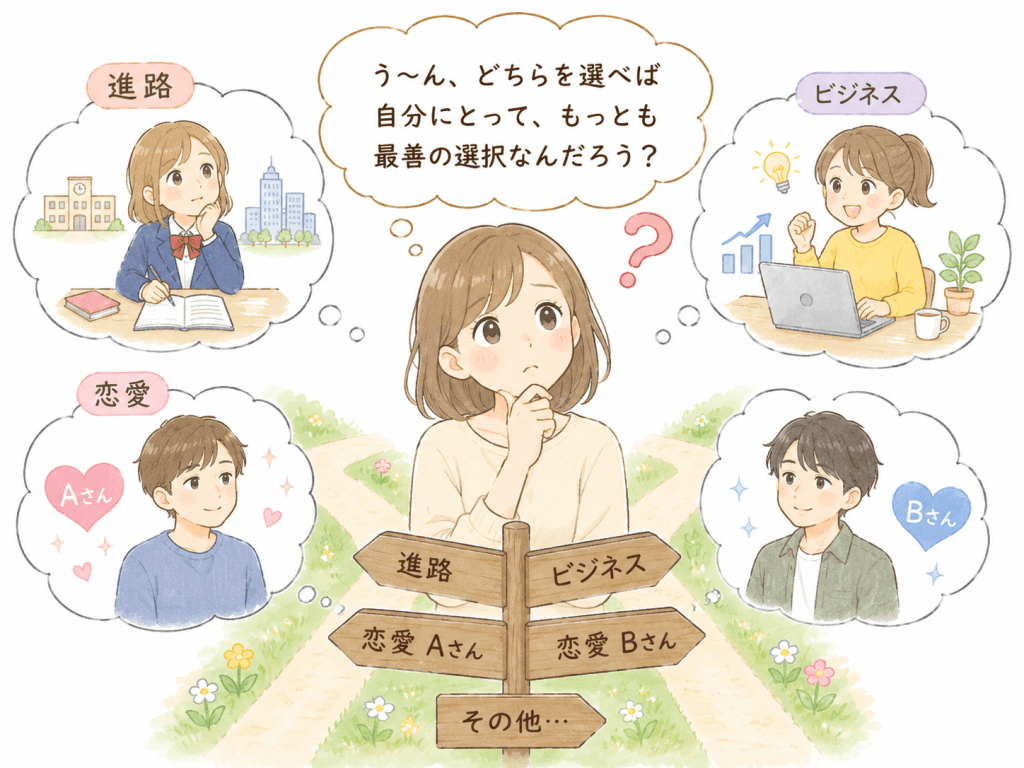 alt="進路や仕事、ビジネス、恋愛など人生のさまざまな選択肢の中で、「どちらを選べば自分にとって最善の選択なのだろう」と悩んでいる人物を描いたイラスト"