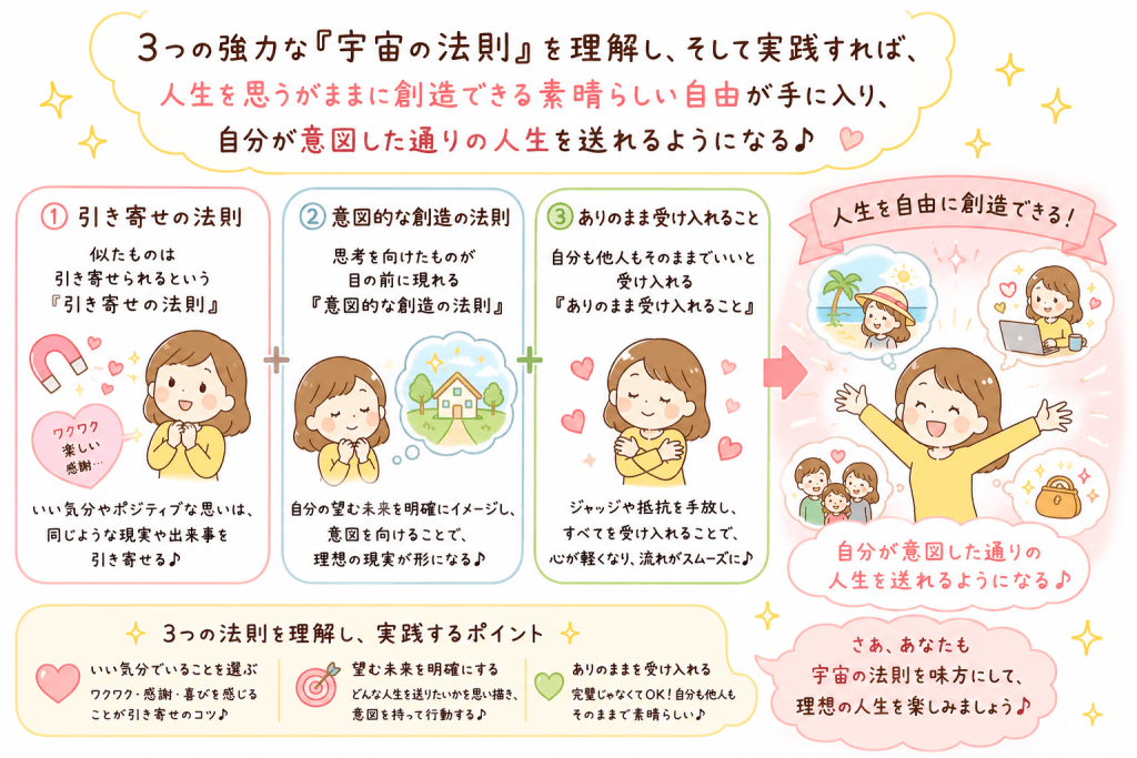 alt="3つの強力な宇宙の法則（引き寄せの法則・意図的な創造の法則・ありのまま受け入れること）を理解し実践すると、人生を思い通りに創造し、自分が意図した人生を送れるようになることを説明したシンプルでかわいいイラスト"