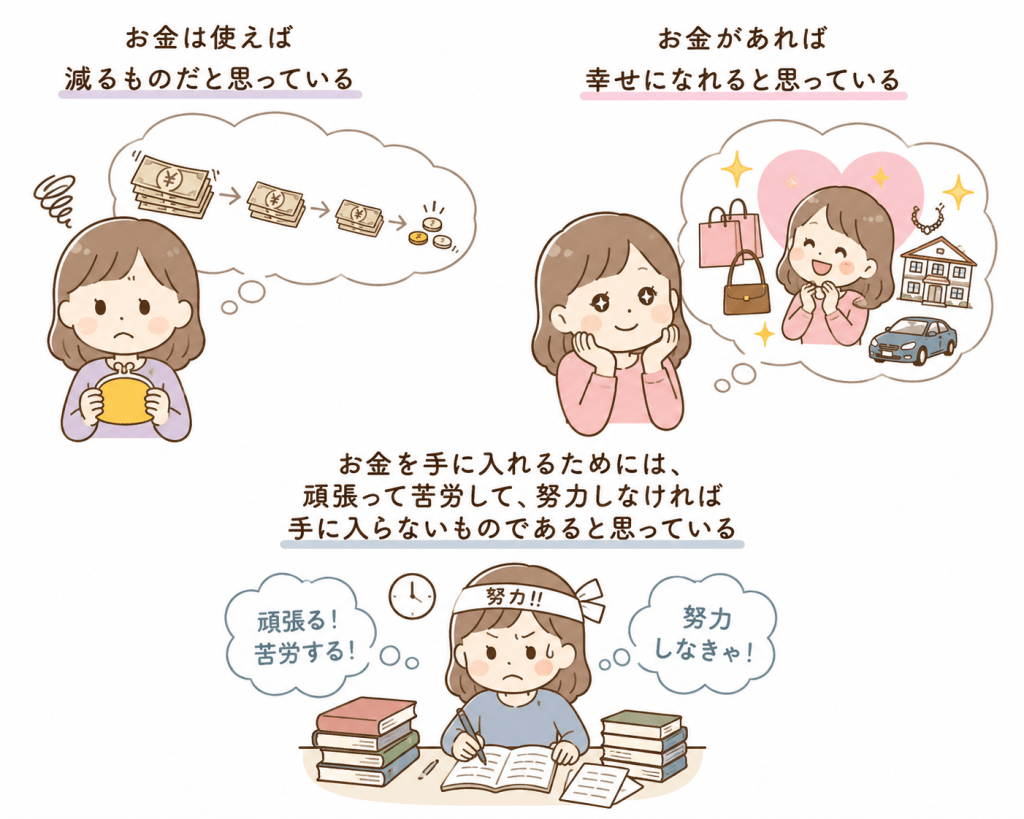 alt="「お金は使えば減る、お金があれば幸せ、努力しなければ手に入らないという思い込みを持つ人物を表現したシンプルで可愛いイラスト」"