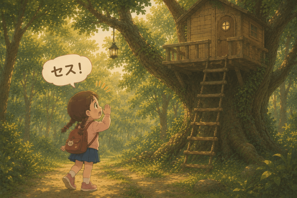 alt="森の中のツリーハウスに向かって『セス！』と呼びかける、リュックを背負った女の子。ツリーハウスには誰もおらず返事がない様子"
