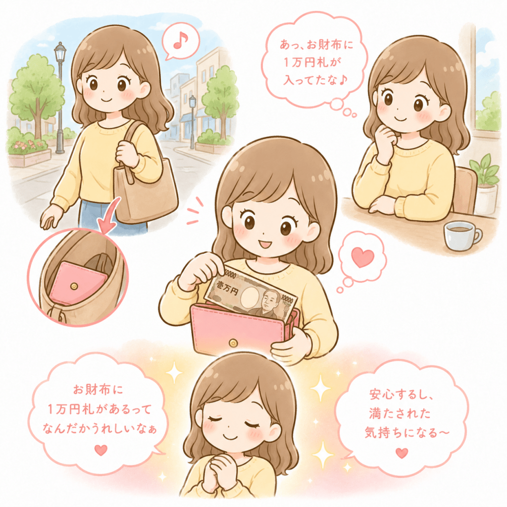 alt="財布に1万円札を入れて持ち歩き、ときどきその存在を思い出して豊かさや安心感を感じる「1万円札ワーク」を実践する女性のイラスト"