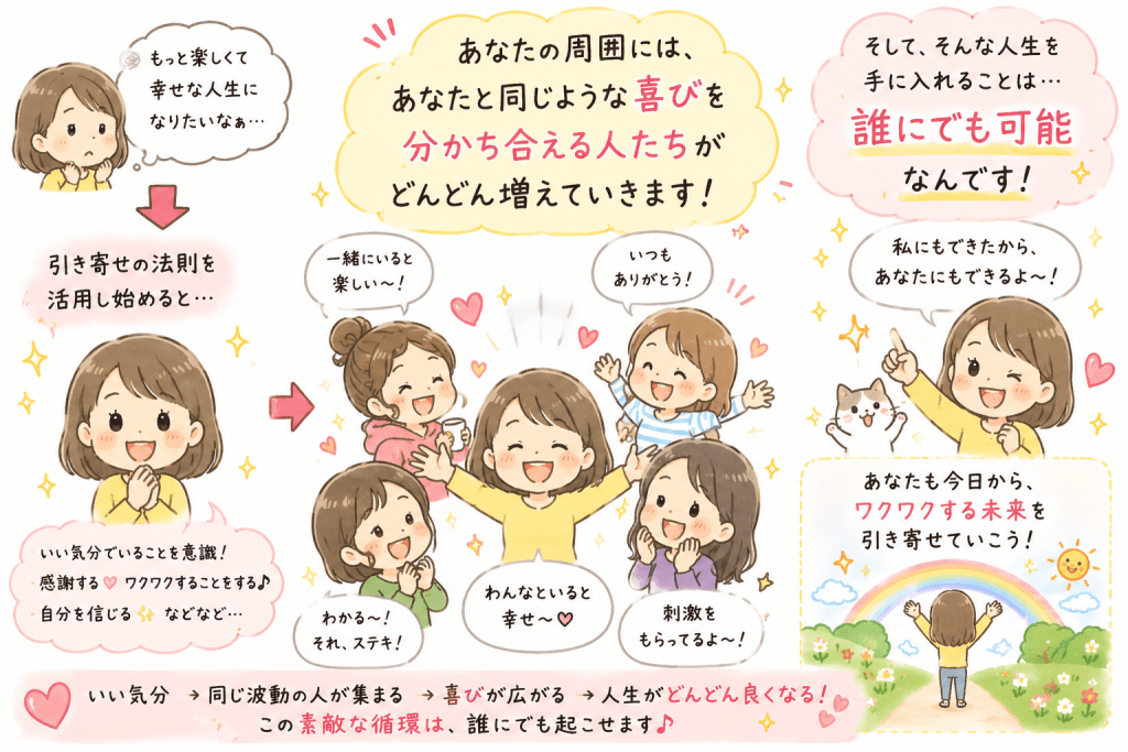 alt="引き寄せの法則を実践すると、喜びを分かち合える仲間との出会いが増え、自分らしく幸せに生きる人生は誰にでも実現できることを分かりやすく伝えるシンプルで可愛いイラスト"
