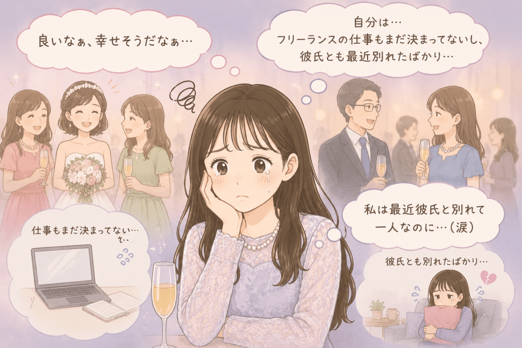alt="フリーランスの仕事がまだ決まらず彼氏と別れたばかりの女性が、元同僚の結婚式で幸せそうな新郎新婦や友人たちを見て、自分の現状と比べて落ち込み涙を流しているイラスト"