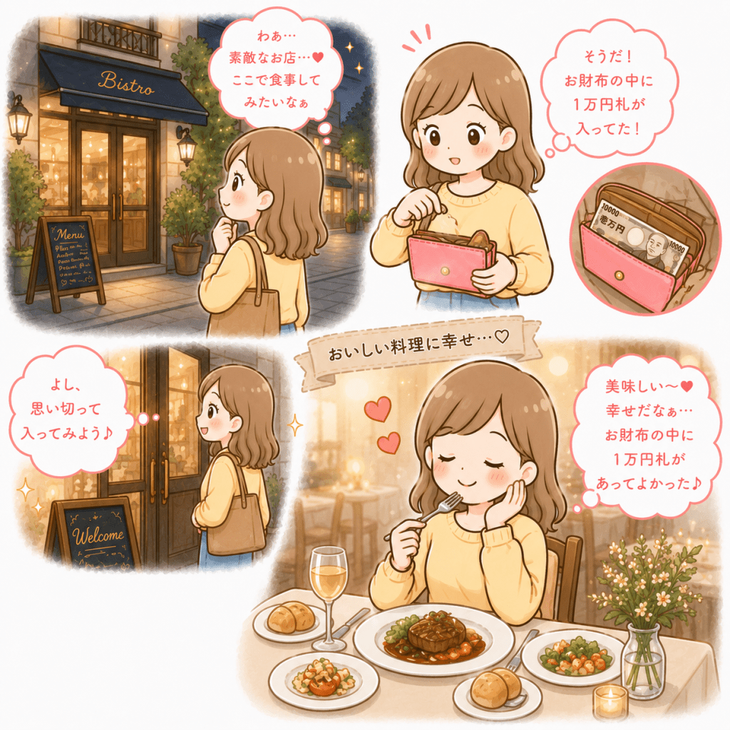 alt="財布に入れた1万円札を思い出し、気になっていたレストランで食事を楽しみ、豊かさや安心感を味わう「1万円札ワーク」の様子を描いた可愛いイラスト"
