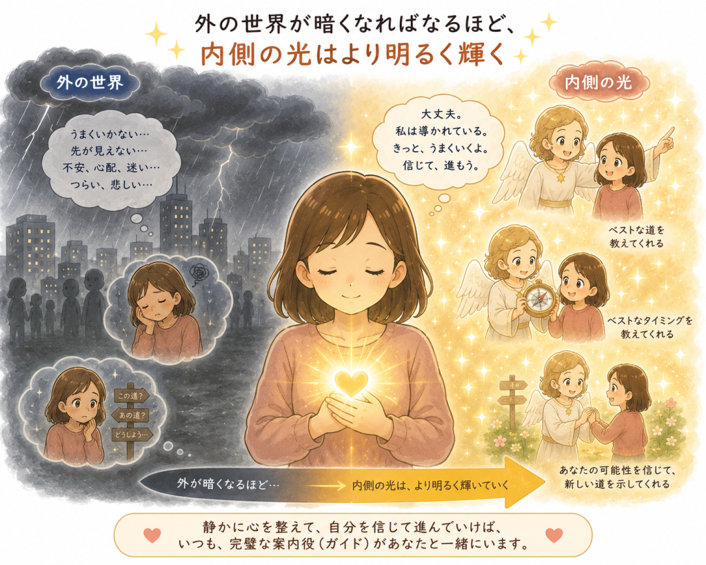 alt="外の世界が暗く感じられるほど、自分の内側にある光がより明るく輝き、人生の案内役（ガイド）の導きや直感を受け取りながら前へ進めることを表現したイラスト"