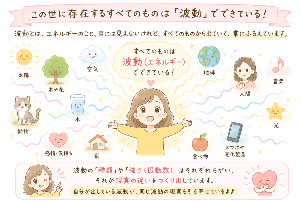 alt="人や動物、植物、地球、光、感情など、この世に存在するすべてのものが波動（エネルギー）でできていることを分かりやすく伝えるシンプルで可愛いイラスト"