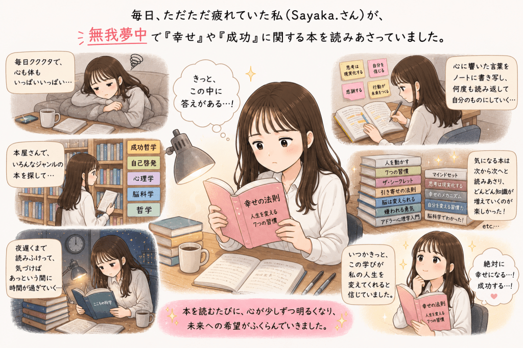 alt="毎日の生活に疲れながらも、人生を変えたい一心で成功哲学や自己啓発、心理学、脳科学、哲学など幸せと成功に関する本を無我夢中で読み続ける会社員時代のSayaka.さんのイラスト"