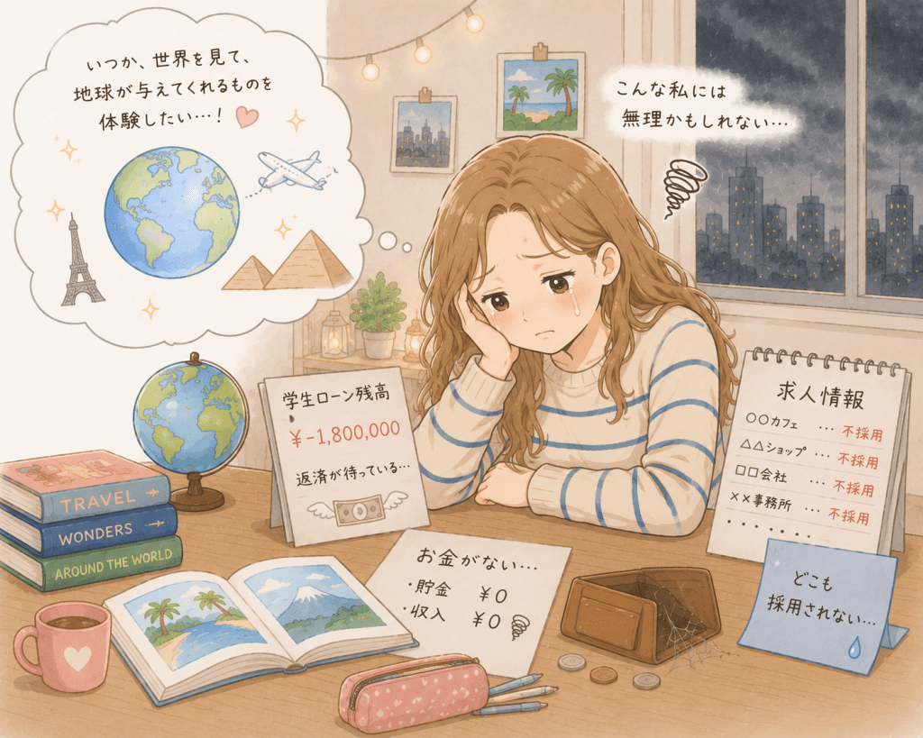 alt="資金もなく学生ローンを抱え、仕事も見つからない現実に、旅行という夢を叶えるのは難しいと心底失望する女性を描いたストーリーイラスト"