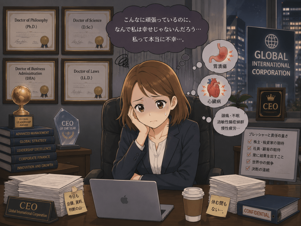 alt="複数の博士号と国際的大企業CEOという成功を手に入れながらも、ストレスや病気に悩み、本当の幸せを感じられず苦しむシンディのイラスト"
