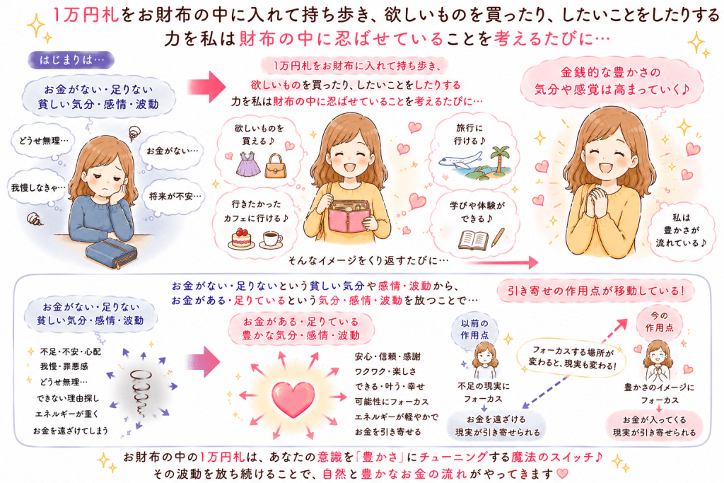 alt="1万円札を財布に入れて持ち歩き、欲しいものを買える、旅行に行ける、行きたかったカフェに行ける、学びや体験ができることをイメージすることで、豊かさの気分や波動が高まり、お金を引き寄せる作用点が移動する仕組みを解説したイラスト"