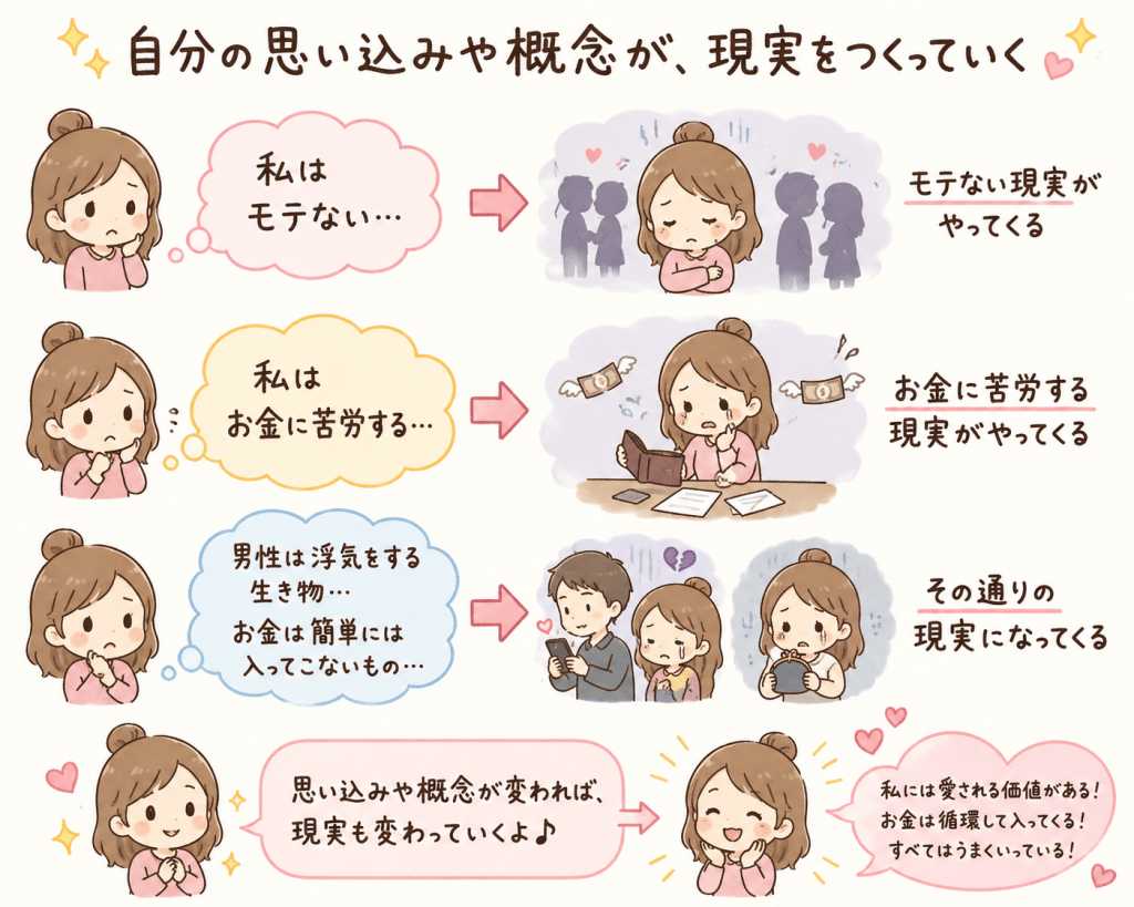 alt="自分の思い込みや固定観念が現実をつくり、思い込みを変えることで現実も変わっていくことを説明するイラスト"