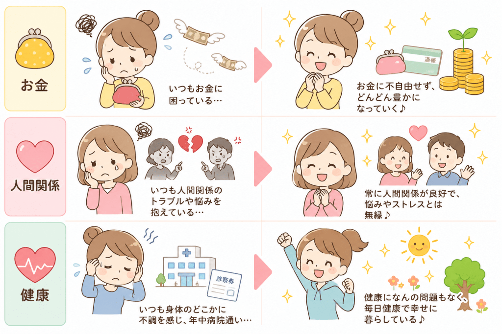 alt="お金・人間関係・健康の悩みを抱える人と、豊かさ・良好な人間関係・健康に恵まれ幸せに暮らす人を比較したイラスト"