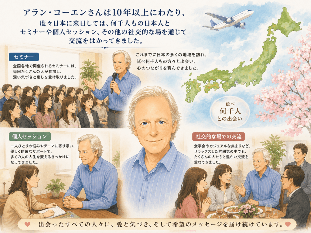 alt="アラン・コーエンさんが10年以上にわたり日本を訪れ、セミナーや個人セッション、交流会を通して多くの人々と交流を重ねてきた様子"