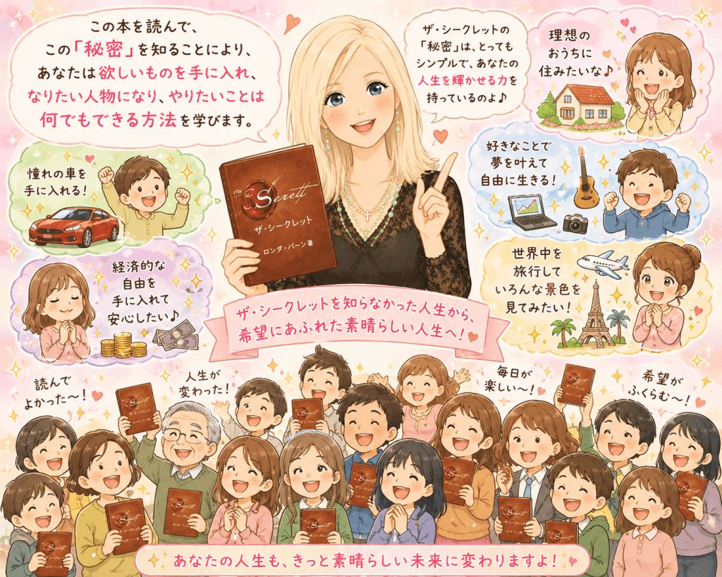 alt="ロンダ・バーンが『ザ・シークレット』の秘密を知れば、欲しいものを手に入れ、なりたい自分になり、やりたいことを実現する方法を学べると語り、多くの読者が笑顔で希望を膨らませている可愛いイラスト"